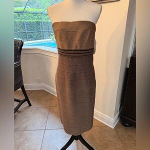 Carmen Marc Valvo Strapless Metallic Brown Sheath Dress